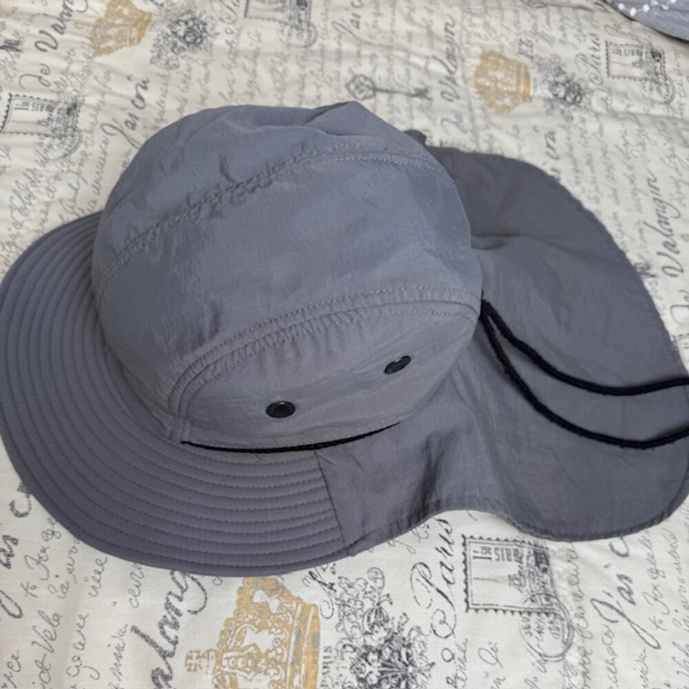 Gray Unisex Sun Hat with Wide Brim, Protective Neck Flap, and Adjustable Fit